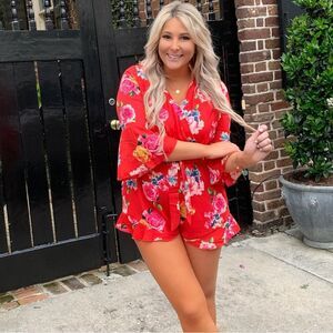 Pink Lily Floral Red Romper